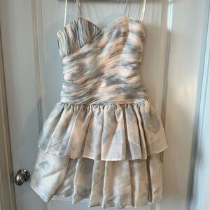 VTG SILKS by St.Gillian 100%Silk Ruched Front Pink&Gray Sweetheart Ruffle Dress